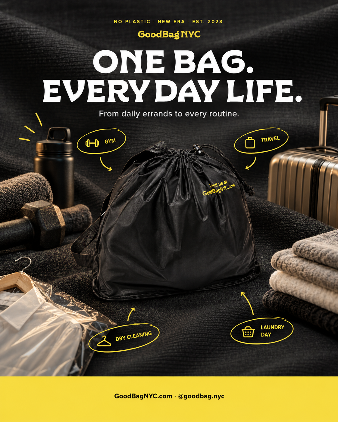 GoodBag campaign graphic showing the bag and four uses