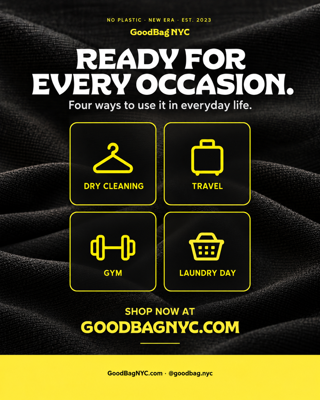 GoodBag campaign graphic showing four everyday uses